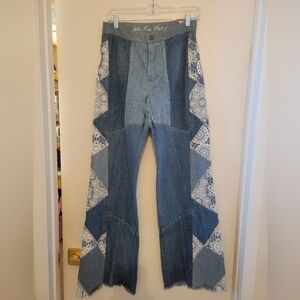 NWOT Free People My Element Patchwork wide Crochet flare leg jean. Size 25.
